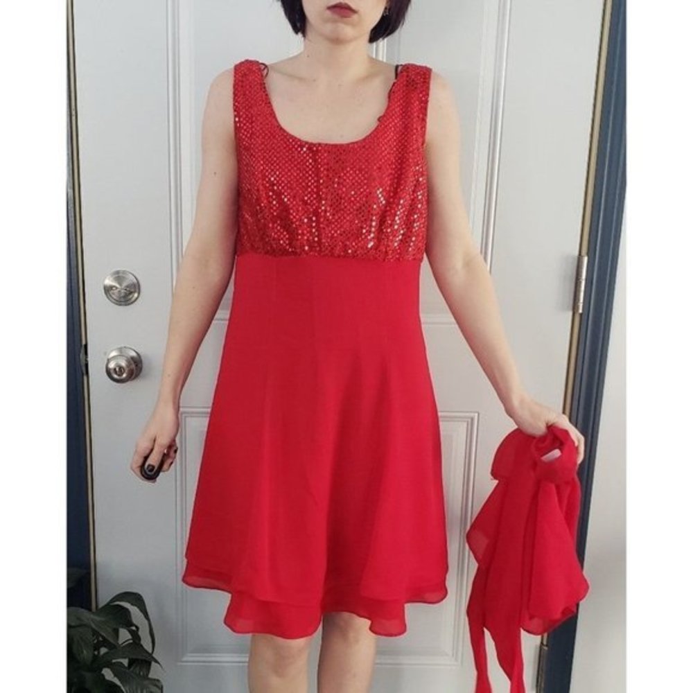 Vintage 90s Red Sequin Party Dress‎ with Bolero Jacket